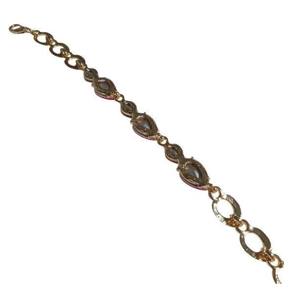 Gold Tone Chain Bracelet Red Teardrop Gemstones Lobster Clasp Adjustable Jewelry - Picture 6 of 6